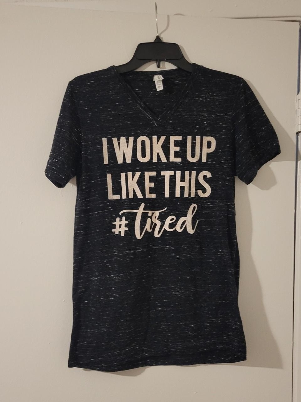 Bella Canvas Navy Speckled V-Neck Tee with White Script